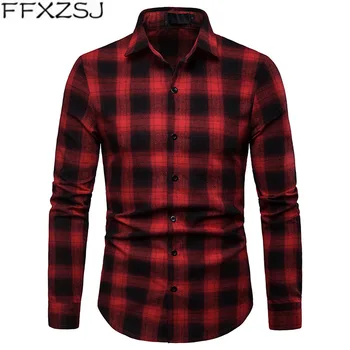FFXZSJ prekės 2019 vyriški laisvalaikio pavasarį ir rudenį atsitiktinis pledas ilgomis rankovėmis marškinėliai, Europos dydį Turn-žemyn Apykaklės Reguliariai