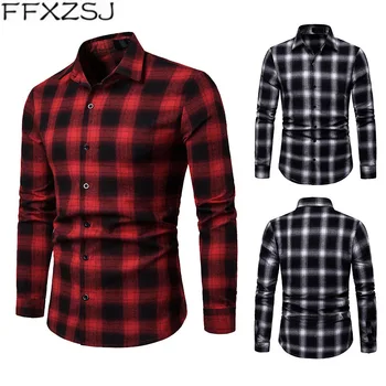 FFXZSJ prekės 2019 vyriški laisvalaikio pavasarį ir rudenį atsitiktinis pledas ilgomis rankovėmis marškinėliai, Europos dydį Turn-žemyn Apykaklės Reguliariai