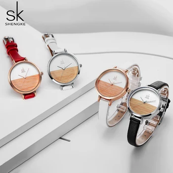 Shengke SK Moterų Laikrodžiai Mados Moterų Medienos Žiūrėti Ponios Laikrodis Atsitiktinis Odos Kvarcinis Laikrodis Moterų Laikrodis Relogio Feminino