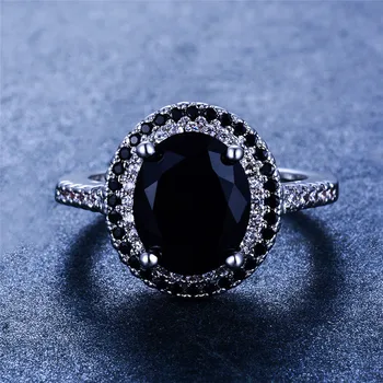 Crystal Moterų Big Black Akmens Žiedas Prabangus Sidabro Spalvos Solitaire Vestuvinis Žiedas Senovinių Vestuvinių Žiedų Moterims