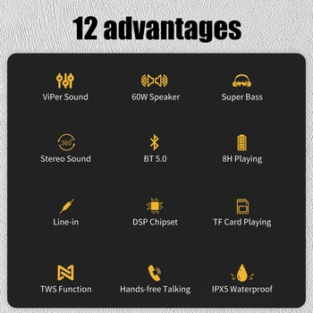 TWS žemų dažnių garsiakalbis Soundbar 60W Didelės Galios Portable Bluetooth Speaker Lauko Vandeniui DSP Bass Muzikos Skiltyje Parama TF Kortelę AUX