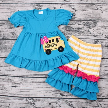 Naujausias vaikams drabužių rinkiniai vasaros baby girl apranga cute little merginos atgal į mokyklą autobusu spausdinti automobilių mados boutique drabužių