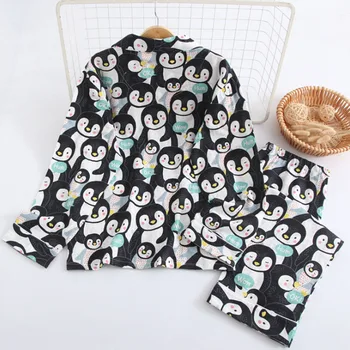 Pingvinai Animacinių filmų Spausdinimo Puikus Sleepwear Vasarą V Kaklo Mielas Pižamos Vyriški ilgomis Rankovėmis Prarasti Pyjama Plius Dydis ponios Homesuit