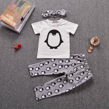 2019 m. vasarą baby girl drabužių rinkiniai kūdikiams 3pcs kostiumas medvilnės pingvinas naujagimiai, t-marškinėliai+kelnės+Lankelis baby girl drabužių rinkinys