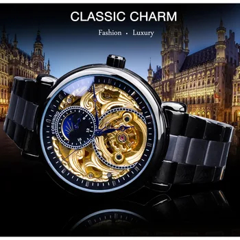 Forsining 2018 Black Aukso Skeleton Laikrodis Juodos spalvos Nerūdijančio Plieno Mados Mėlyna Rankas Dizaino vyriški Automatinis laikrodis Laikrodis Vyras