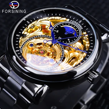 Forsining 2018 Black Aukso Skeleton Laikrodis Juodos spalvos Nerūdijančio Plieno Mados Mėlyna Rankas Dizaino vyriški Automatinis laikrodis Laikrodis Vyras