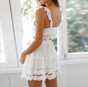 A-line aukštos juosmens moterų sijonas, balta Siuvinėjimo medvilnės mini sijonai 2020 Atsitiktinis palaidų pynimas paplūdimio vasaros sijonas moteris
