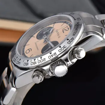 39mm PARNIS Smėlio spalvos ciferblatas sapphire Kristalas dienos, visą Chronograph kvarcas mens watch