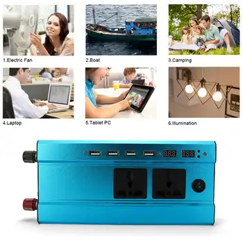 4 USB Sąsajos Keitiklis 1000W 12V/24V DC į 220V Keitiklio Keitikliai, Įtampos Transformatorių, Smart, LCD Ekranas, Maitinimo šaltiniai