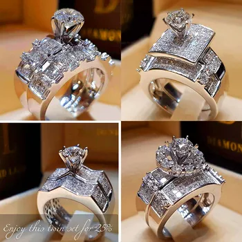 Boho Moterų Kristalų Cirkonis Vestuvių Žiedas Mados Sidabro Spalvos Didelis Akmuo Piršto Žiedą Žada Nuotakos Sužadėtuvių Žiedai Moterims