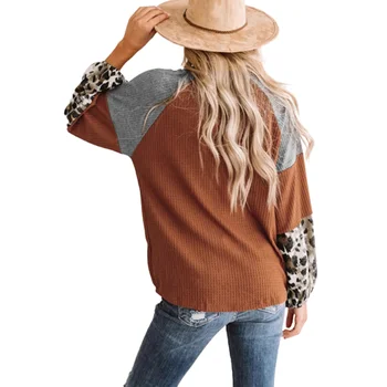Lankas Susukti Moterims Leopardas Spausdinti Medvilnės marškinėliai Ilgai Patchworked Rankovės Moterų Atsitiktinis marškinėliai Topai 2020 Naujų Rudens Clothings