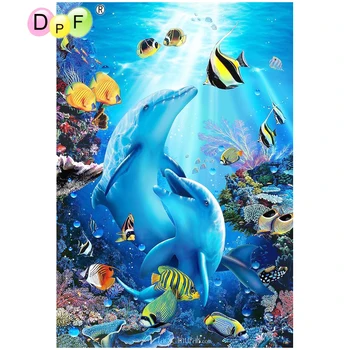 DPF 5D visiškai Apvalus Deimantas Tapybos, Mozaikos Dekoro delfinų, žuvų plaukti 