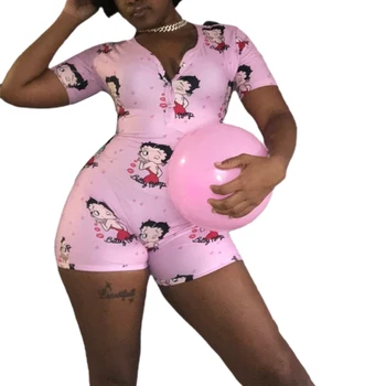 2020 Naujas Moterys Giliai V-kaklo Bodycon Sleepwear Jumpsuit naktiniai drabužiai Mygtuką Šortai Romper Bodysuit Trumpas Rankovės Animacinių filmų Spausdinti