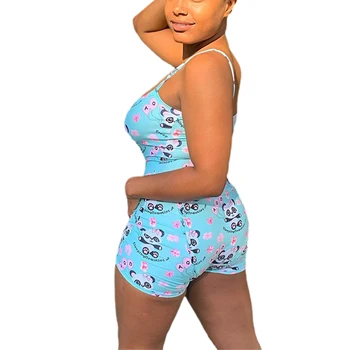 2020 Naujas Moterys Giliai V-kaklo Bodycon Sleepwear Jumpsuit naktiniai drabužiai Mygtuką Šortai Romper Bodysuit Trumpas Rankovės Animacinių filmų Spausdinti