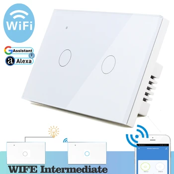 WIFI Touch Šviesos Sienos Jungiklis, Balto Stiklo plokštė Mėlynos spalvos LED 118*72mm Universalus Smart Home Telefonas Kontrolės 2 Gauja 2 Relės Turas