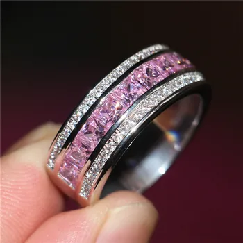 Vyriški Deluxe 10K baltasis Auksas Princesė cut-rožinis deimanto Kristalas brangakmenio Juostos žiedas, Vestuviniai Žiedai Vyrams, Moterims, papuošalai