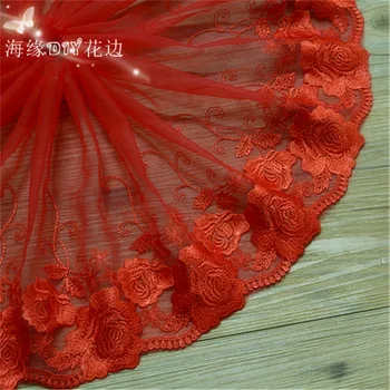 5yds Raudonos spalvos Gėlių Siuvinėjimas Nėrinių Aplikacijos Nuotakos Suknelė Siuvimo Apdailos Lėlės Drabužiai Apdailos sijonas Akių 20cm LC0136