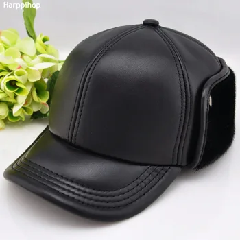 Natūralios odos leifeng bžūp skrybėlę vyrų nauja avių odos kepurės kepurės ausies atvartu juoda su Dirbtiniais kailiais viduje