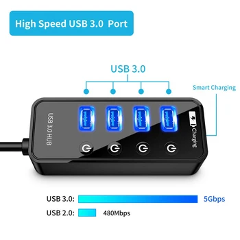 USB Hub 3.0 4 7 USB Duomenų Uostų + 1 USB Įkrovimo lizdas Smart Atskiri Įjungimo/Išjungimo Jungikliai, 