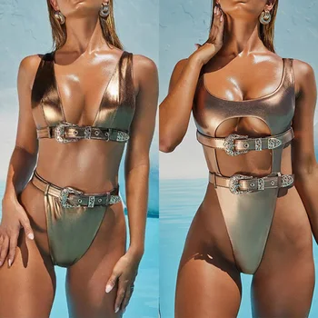 2020 m. Moteris Sagtis Diržo maudymosi kostiumai Seksualus Blizga PU vientisi maudymosi kostiumėlį Moterų Diržas Monokini Aukštos sumažinti maudymosi kostiumą, Brazilijos Bikni rinkinys