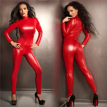 Hot Sexy Moteris Raudona Bodycon Jumpsuit Novetly Bodysuit Seksualus Latekso Playsuit Fetišas Dirbtiniais Odos Catsuit Clubwear Leotard