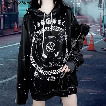 Tamsią Naktį Mėnulis Katė Moterų 3D Spausdinimo Hoodies ilgomis Rankovėmis Mergaitėms Streetwear Punk, Gothic Gobtuvu Palaidinės Animaciją Kačių Puloveris 2020 m.