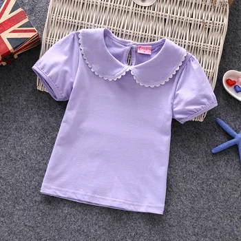 Kūdikių mergaičių marškinėliai 2018 medvilnės trumpas rankovėmis moteriška vaikų vasaros marškinėlius peter pan apykaklės saldus camisetas vaikai viršuje tees AA3058
