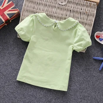 Kūdikių mergaičių marškinėliai 2018 medvilnės trumpas rankovėmis moteriška vaikų vasaros marškinėlius peter pan apykaklės saldus camisetas vaikai viršuje tees AA3058