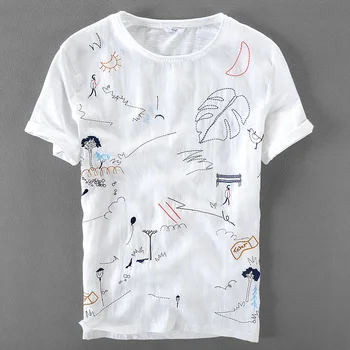 Italija prekės baltiniai trumpomis rankovėmis t-shirt vyrams, atsitiktinis palaidų t shirt mens animacinių filmų siuvinėjimo, susiuvimo apvalios kaklo marškinėlius vyrų camisa