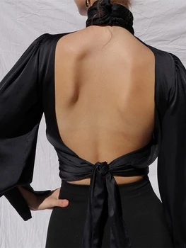 2020 M. Rudenį Moterys Elegantiškas Mados Basic Marškinėliai Moteriška Laisvalaikio Šalis Seksuali Palaidinė Skylutę Backless Ilgai Žibintų Rankovės Viršų