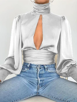 2020 M. Rudenį Moterys Elegantiškas Mados Basic Marškinėliai Moteriška Laisvalaikio Šalis Seksuali Palaidinė Skylutę Backless Ilgai Žibintų Rankovės Viršų