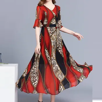 Suknelė Moterims Vasaros Suknelė su V-kaklo, Kelio Ilgis Trumpas Rankovės Leopard Print Suknelė Boho Gėlių Spausdinti Elegantiškas Suknelės Vestido #lr4