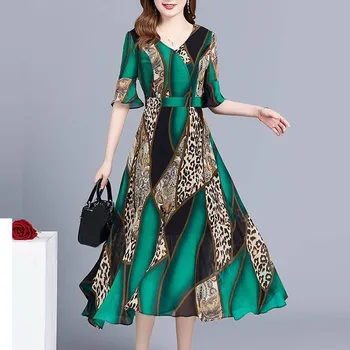 Suknelė Moterims Vasaros Suknelė su V-kaklo, Kelio Ilgis Trumpas Rankovės Leopard Print Suknelė Boho Gėlių Spausdinti Elegantiškas Suknelės Vestido #lr4