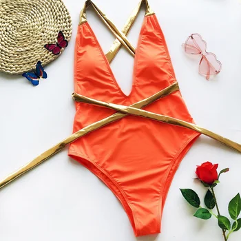 Riseado Nauja Seksuali vientisi maudymosi kostiumėlį, Kietas Tvarstis maudymosi Kostiumėliai Moterims, 2021 Giliai V-kaklo Paplūdimio Apelsinų Vonia Kostiumai Backless Bodysuit