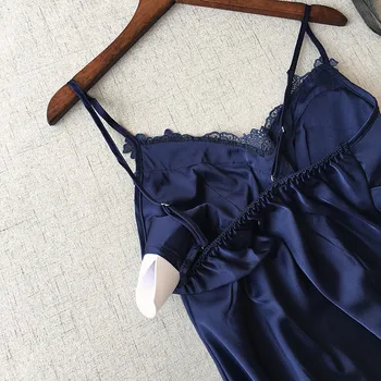 Sexy merginos paminkštintas krūtinės nėrinių satino nightgowns prabangių tauriųjų V-kaklo, rankovių vasaros moterų namų naktiniai drabužiai