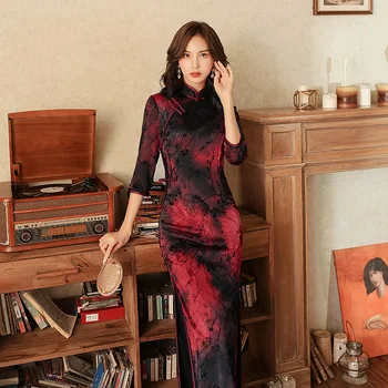 Juoda Raudona Ilgai Qipao Suknelės Moterims Naujoji Pietų Korėjos Aksomo Kaklaraištis Dažyti Cheongsam Suknelė Gerina Kinijos Tradicinės Cheongsam