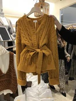 2020 m. Rudens ir Žiemos Megztinis Megztinis Kailis Moterų Twist Sagtis Diržo Juosmens Išorinis Dėvėti Megztiniai Striukė Lady Elegantiškos Viršų