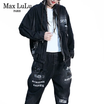 Max LuLu Europos Dizainerio Komplektai Moterų Derliaus Laisvi Džinsai Dviejų Dalių Rinkiniai Ponios Atsitiktinis Spausdinti Viršūnes Ir Elastinga Haremo Kelnės