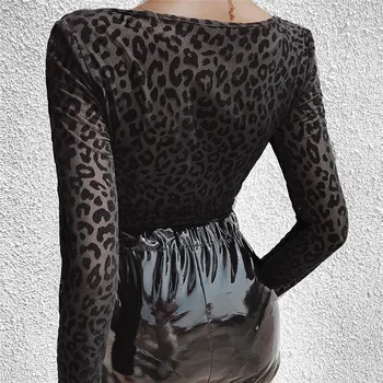 Mada Moterims Seksualus Leopard Tvarstis Bodysuit Elegantiškas Ilgomis Rankovėmis Kūno Top Ladies Slim Fit Leotard Ruožas Šalies Klubas Romper