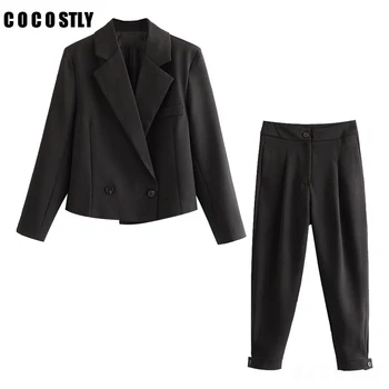 Pavasarį ir rudenį moterų kostiumas nustatyti atsitiktinis juoda kieta medžiaga, spalva dvieiliai kostiumas + plataus kojų kelnės kostiumas