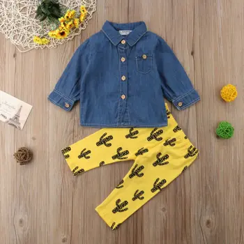 Citgeett Naujagimių Bamblys Vaikams Baby Girl Berniukas Džinsinio marškinėliai +Ilgas Geltona Kaktusas Kelnės, Antblauzdžiai Komplektus Rudens Drabužiai