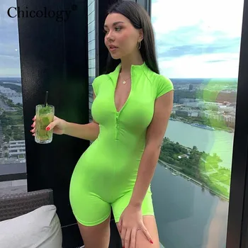 Chicology neon užtrauktukas bodycon playsuit trumpas rankovės romper moterų 2020 m. vasarą seksualus combishort moteriška šalis drabužius, sportinę aprangą