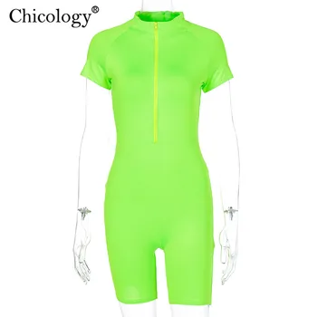Chicology neon užtrauktukas bodycon playsuit trumpas rankovės romper moterų 2020 m. vasarą seksualus combishort moteriška šalis drabužius, sportinę aprangą