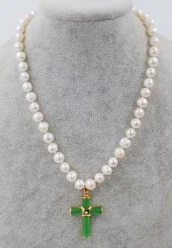 Gėlavandenių perlų balta karoliai green jade kryžiaus 8-9mm netoli turas 18inch pakabukas pobūdžio didmeninė karoliukai FPPJ mados dovana