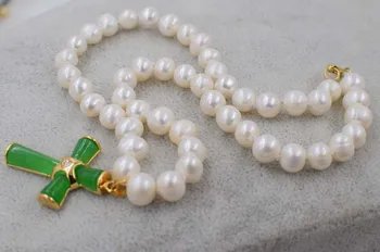 Gėlavandenių perlų balta karoliai green jade kryžiaus 8-9mm netoli turas 18inch pakabukas pobūdžio didmeninė karoliukai FPPJ mados dovana
