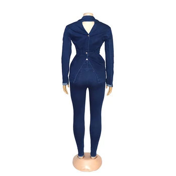 Karšto pardavimo atsitiktinis ruožas džinsai viršų dviejų dalių mėlynasis V-kaklo aukštos kokybės dviejų dalių high street visas rungtynes, temperamentas kostiumas