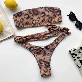 Moteris bikini maudymosi kostiumėlį 2020 Tvarstis Leopardas Spausdinti Bikini Išjungti Peties maudymosi kostiumėlį Dviejų dalių Užpildytas Liemenėlė seksualus maudymosi Kostiumėliai Paplūdimio